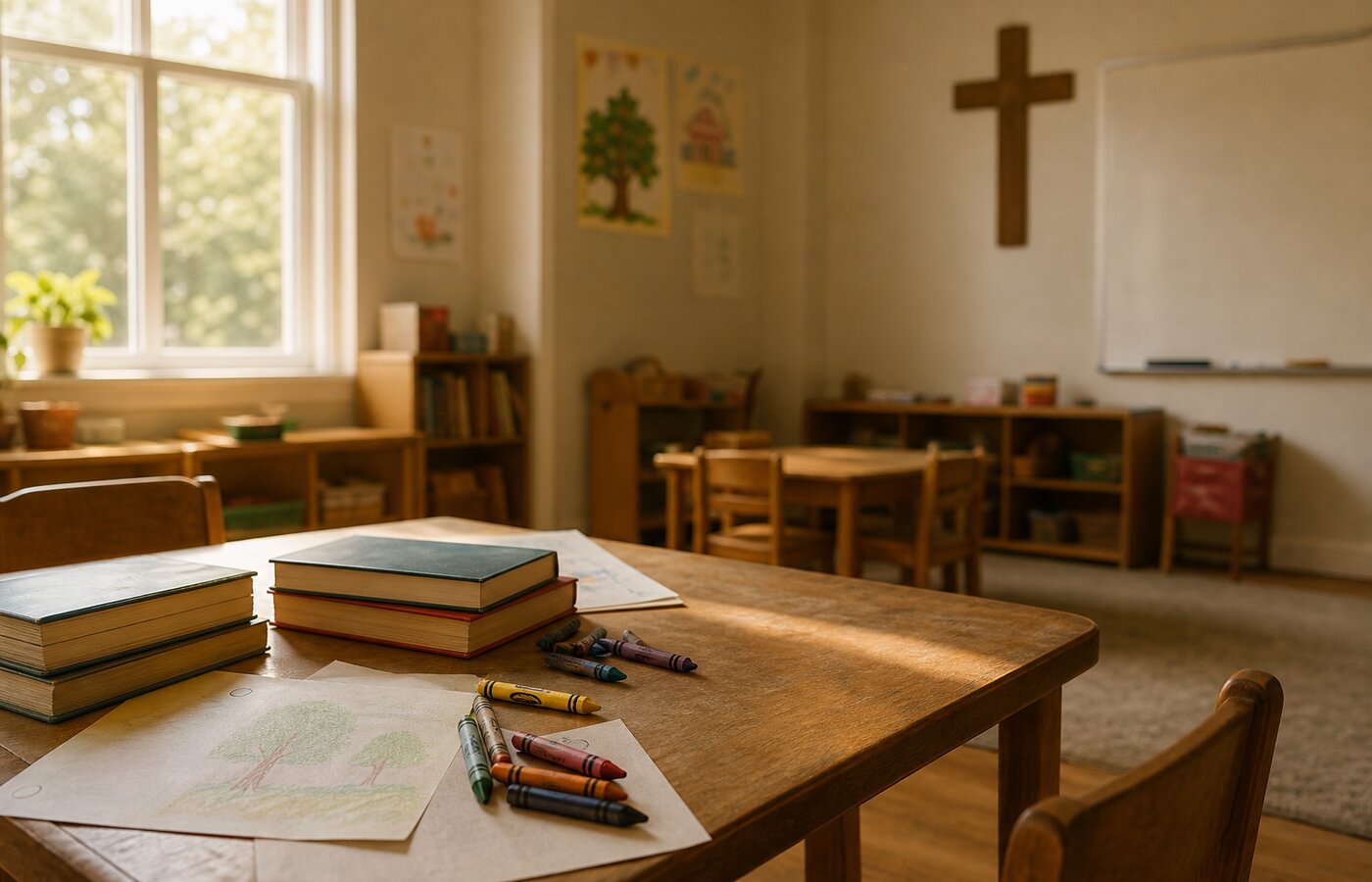 Aula vacía de un programa educativo de base confesional