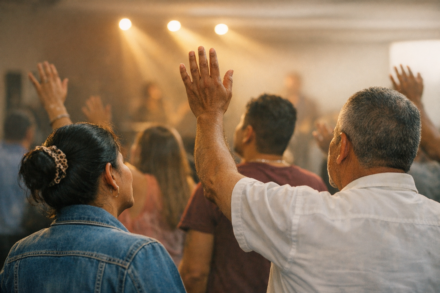 Adoración en comunidad: manos levantadas y luz cálida